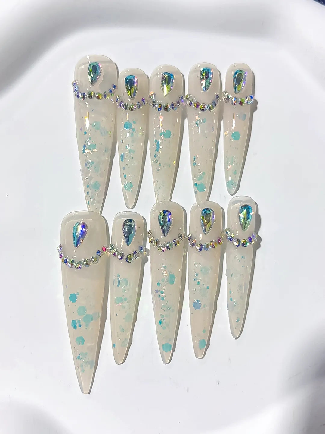 Long White Multicolor Stiletto Holographic Rhinestone