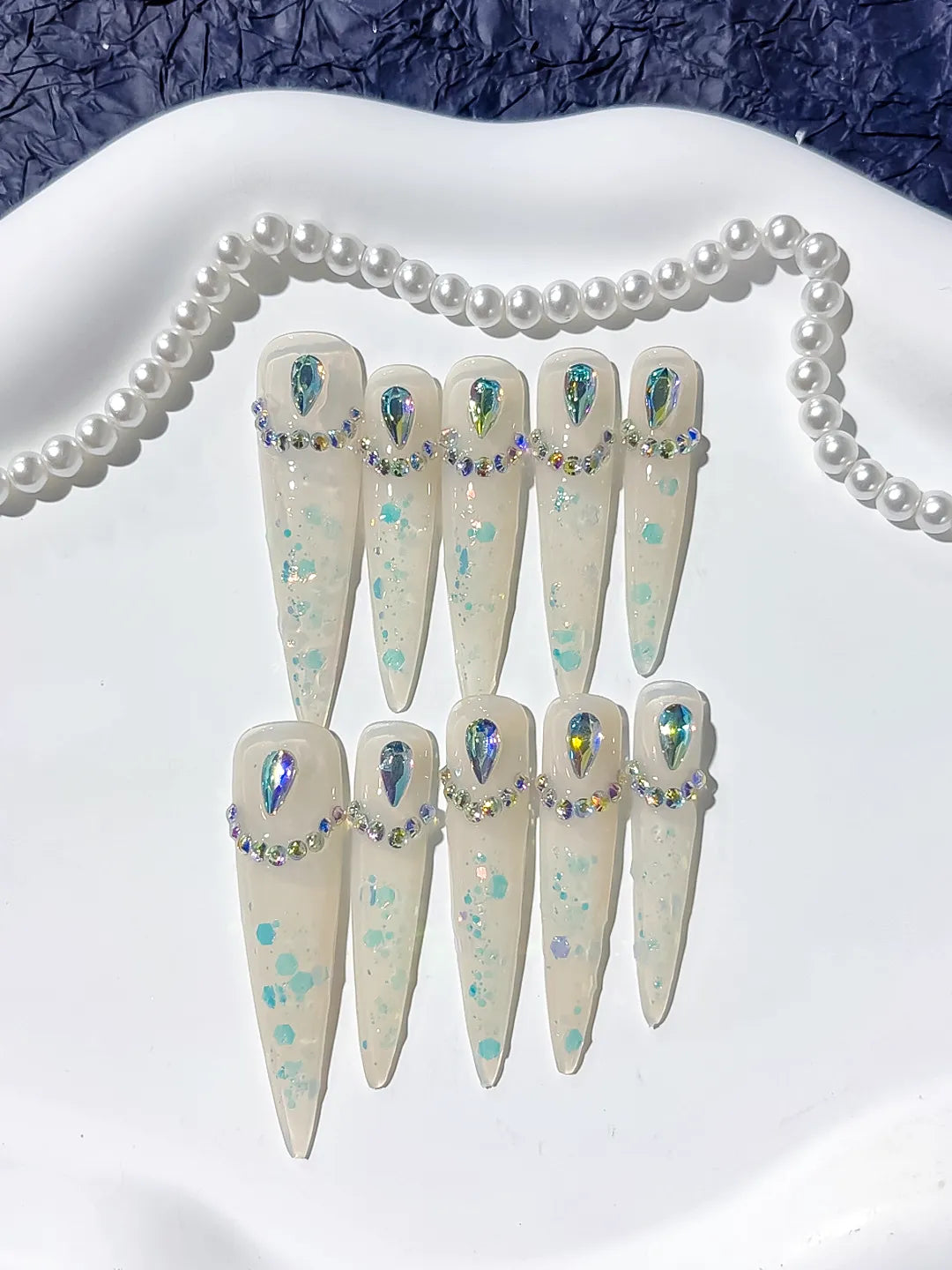 Long White Multicolor Stiletto Holographic Rhinestone