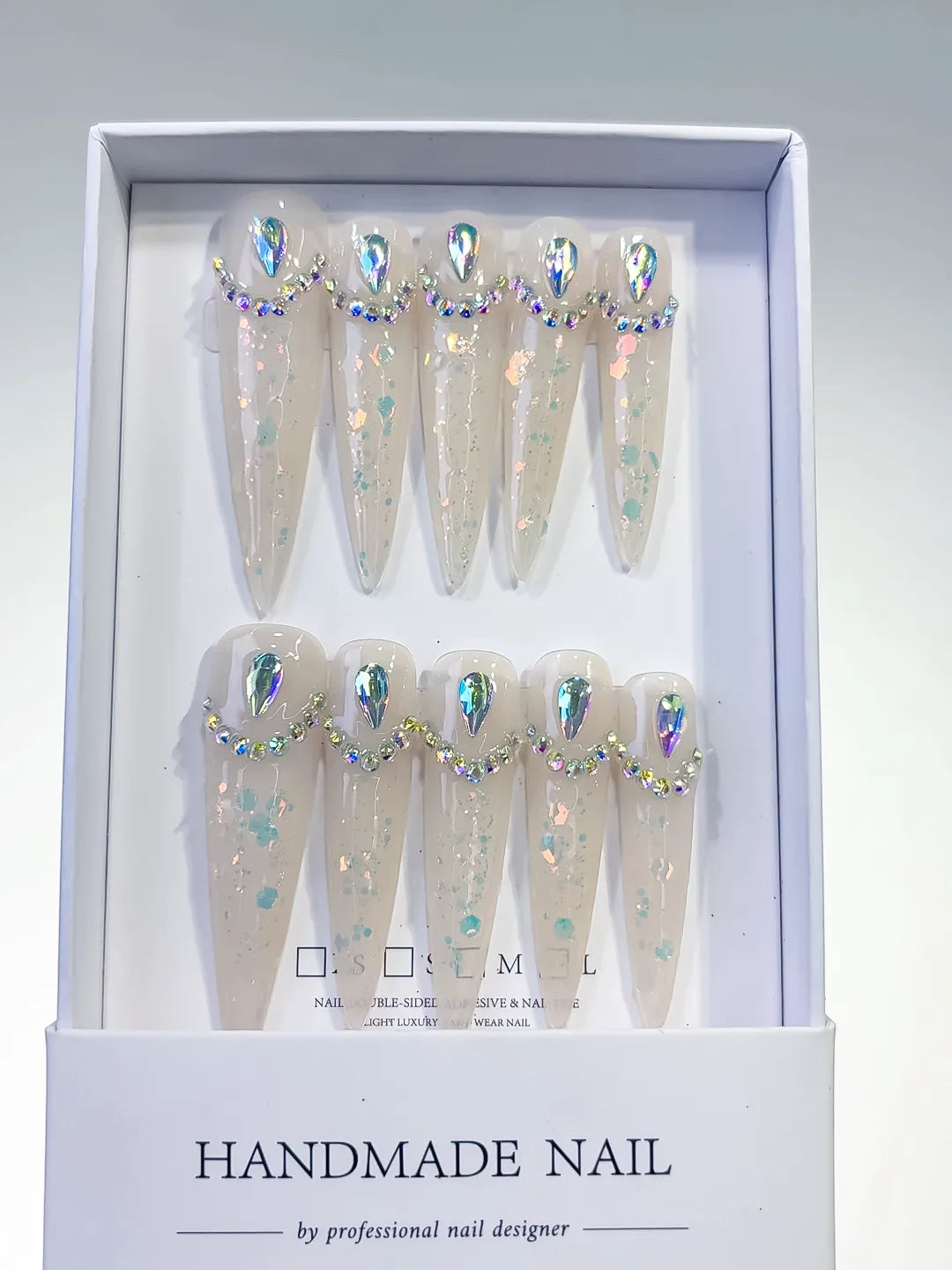 Long White Multicolor Stiletto Holographic Rhinestone