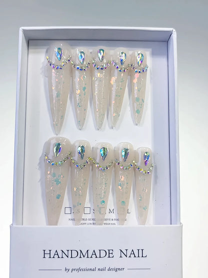 Long White Multicolor Stiletto Holographic Rhinestone