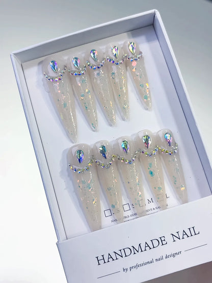Long White Multicolor Stiletto Holographic Rhinestone