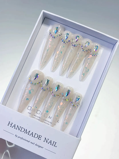 Long White Multicolor Stiletto Holographic Rhinestone