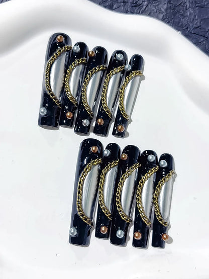 Long Black Silver Square Metallic Chain Pearl