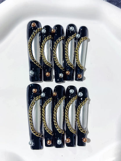 Long Black Silver Square Metallic Chain Pearl