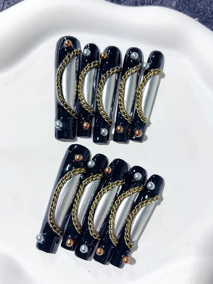 Long Black Silver Square Metallic Chain Pearl