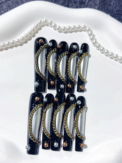 Long Black Silver Square Metallic Chain Pearl