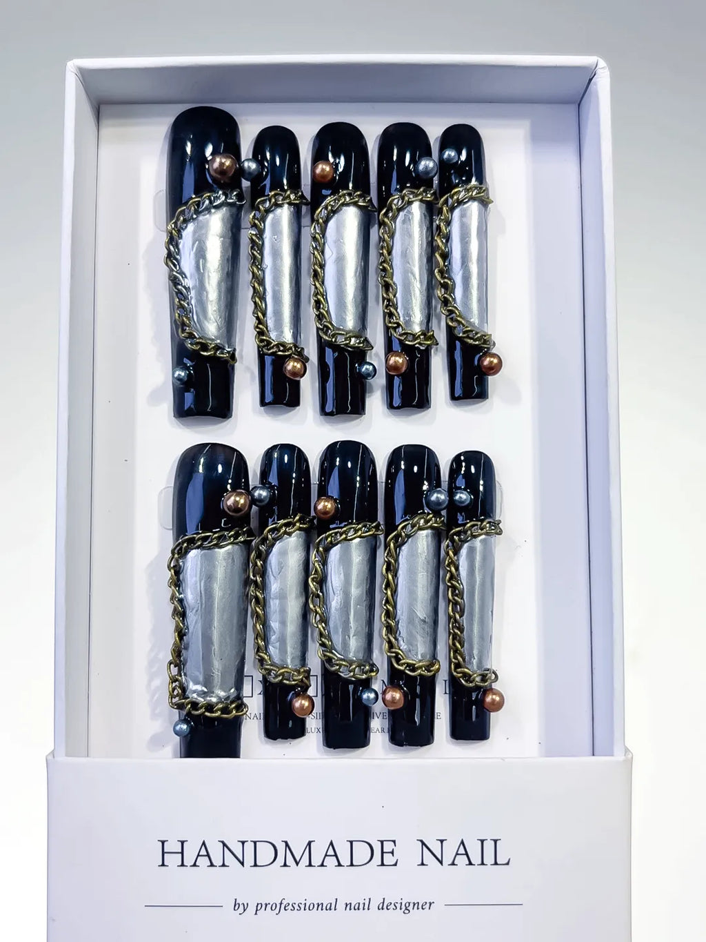 Long Black Silver Square Metallic Chain Pearl
