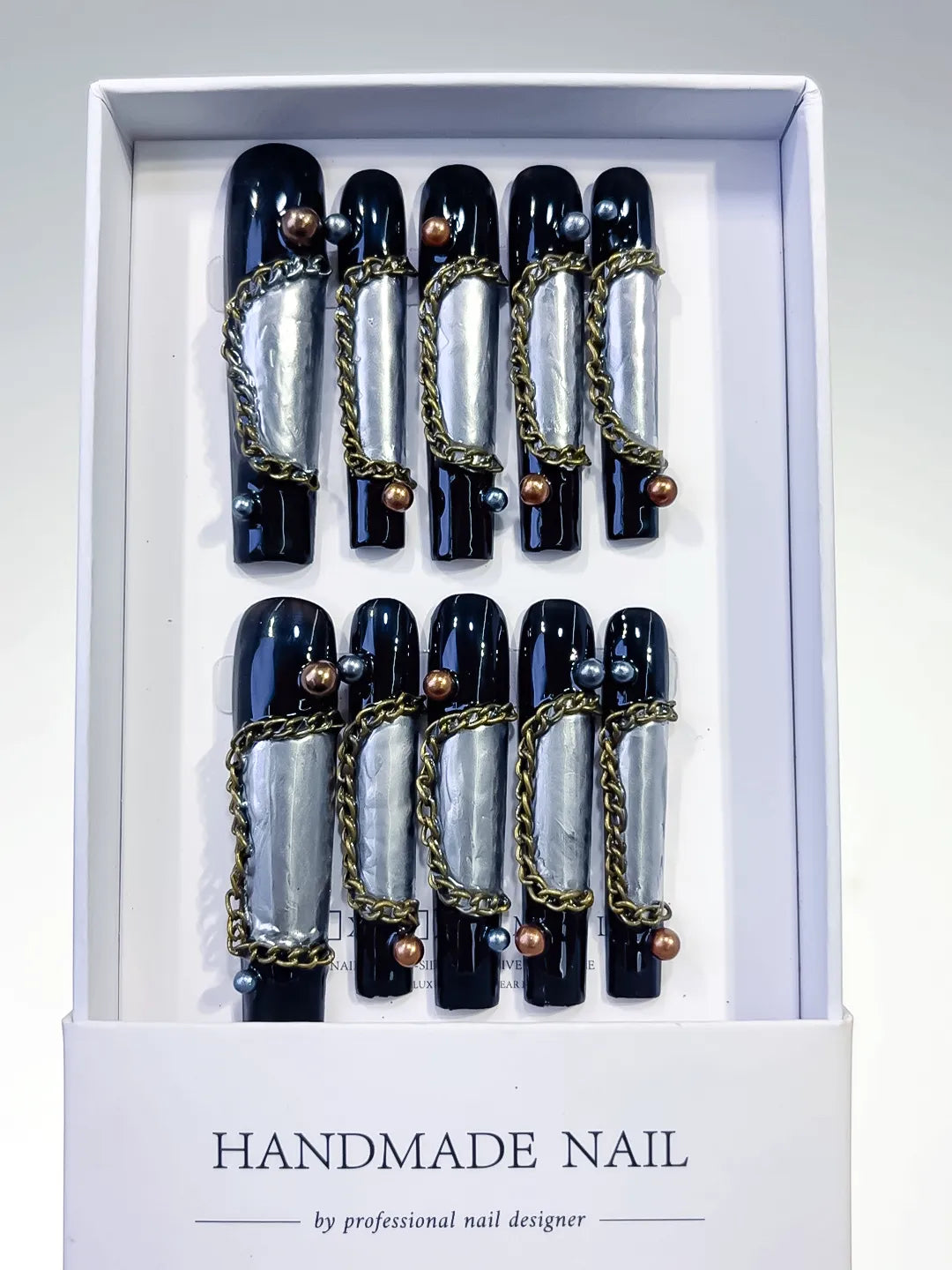 Long Black Silver Square Metallic Chain Pearl