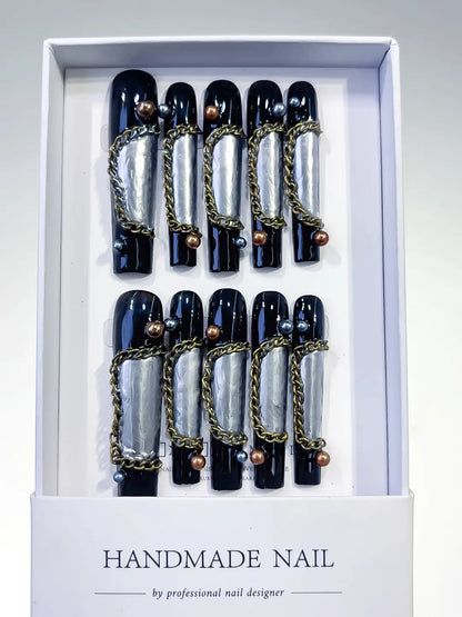 Long Black Silver Square Metallic Chain Pearl