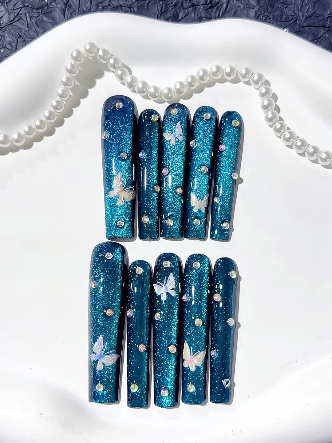 Long Blue Silver Square Metallic Butterfly Rhinestone
