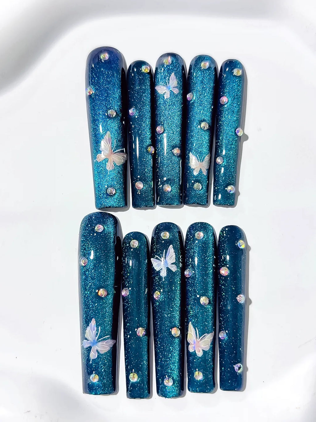 Long Blue Silver Square Metallic Butterfly Rhinestone