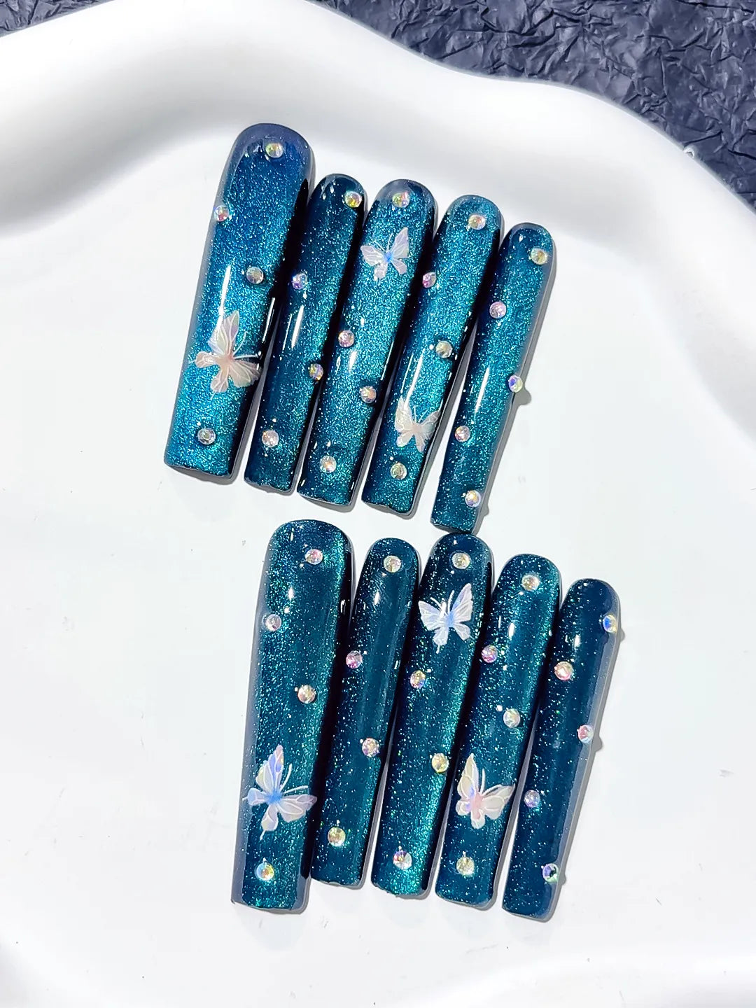 Long Blue Silver Square Metallic Butterfly Rhinestone