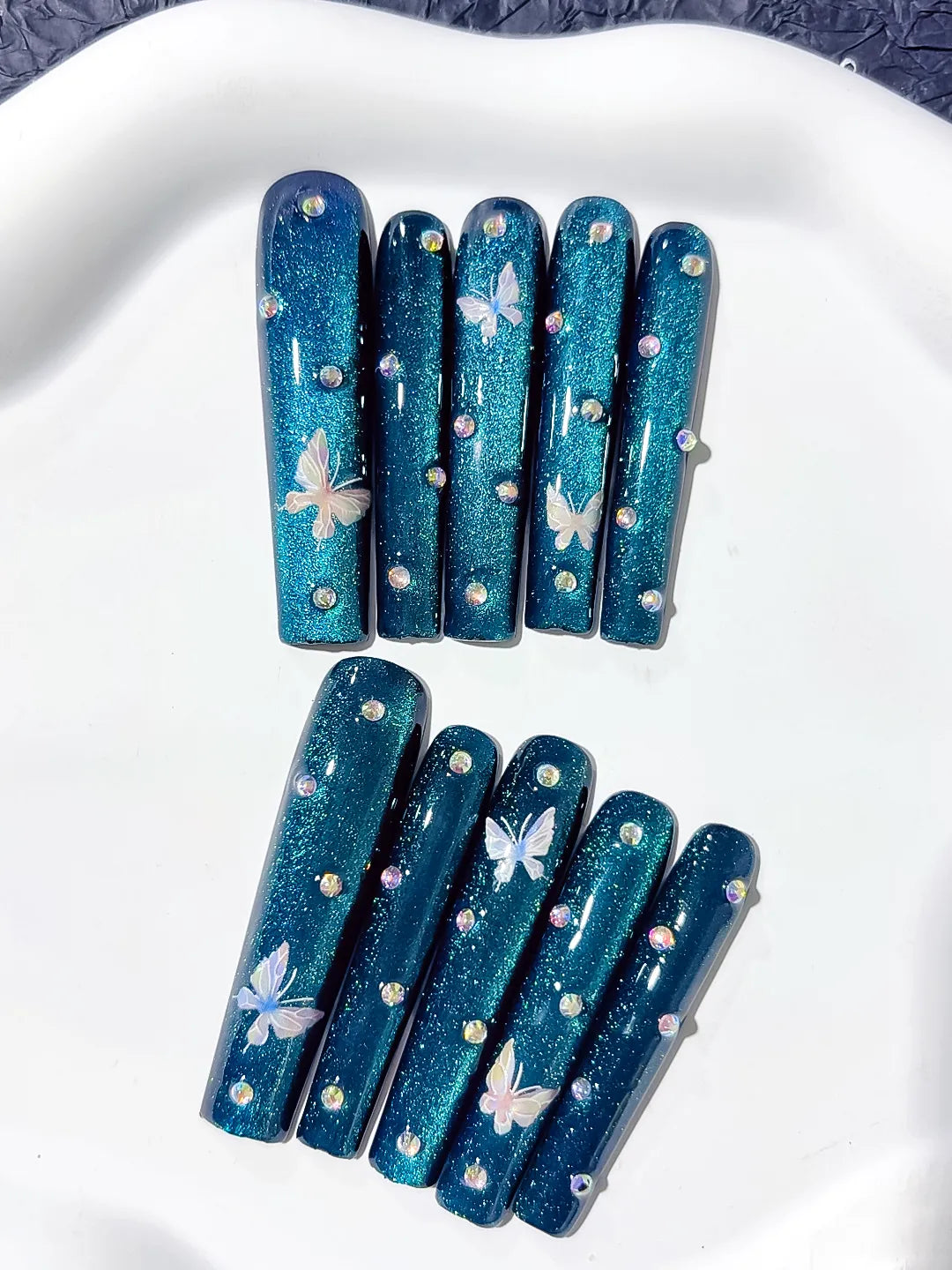 Long Blue Silver Square Metallic Butterfly Rhinestone