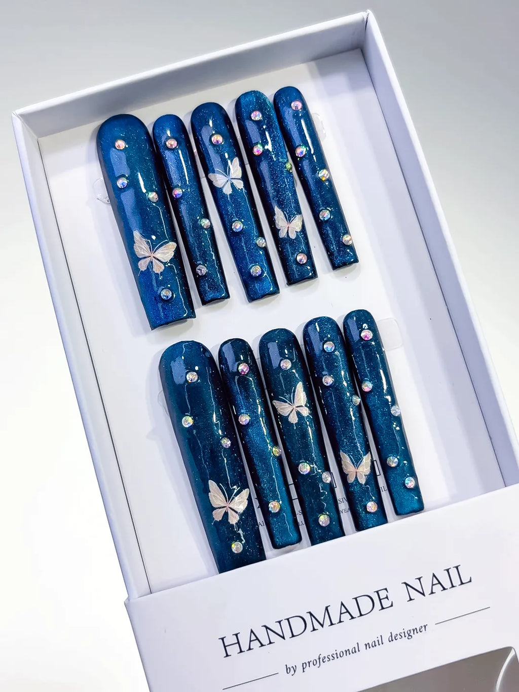 Long Blue Silver Square Metallic Butterfly Rhinestone