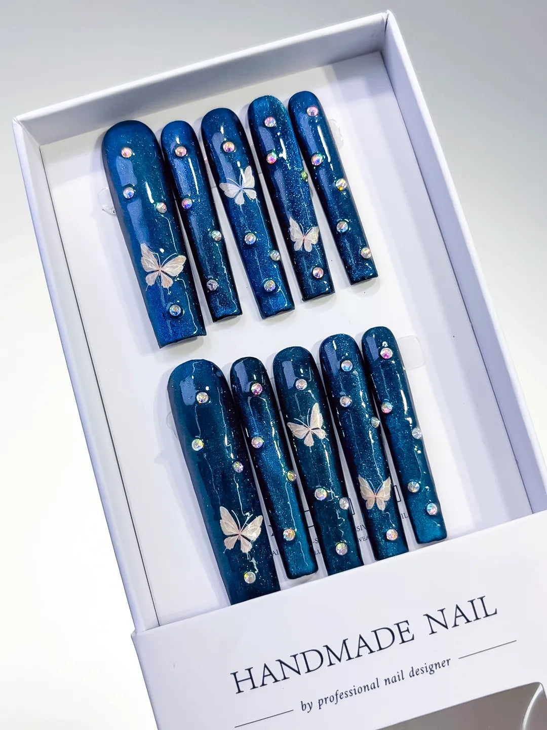 Long Blue Silver Square Metallic Butterfly Rhinestone
