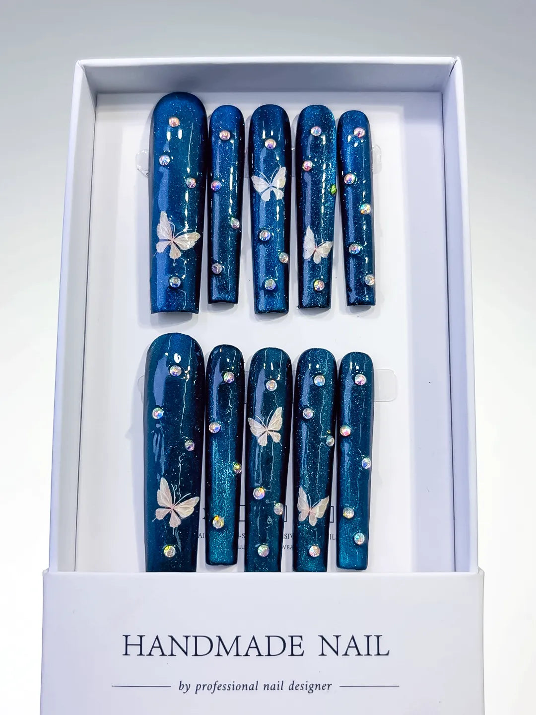 Long Blue Silver Square Metallic Butterfly Rhinestone
