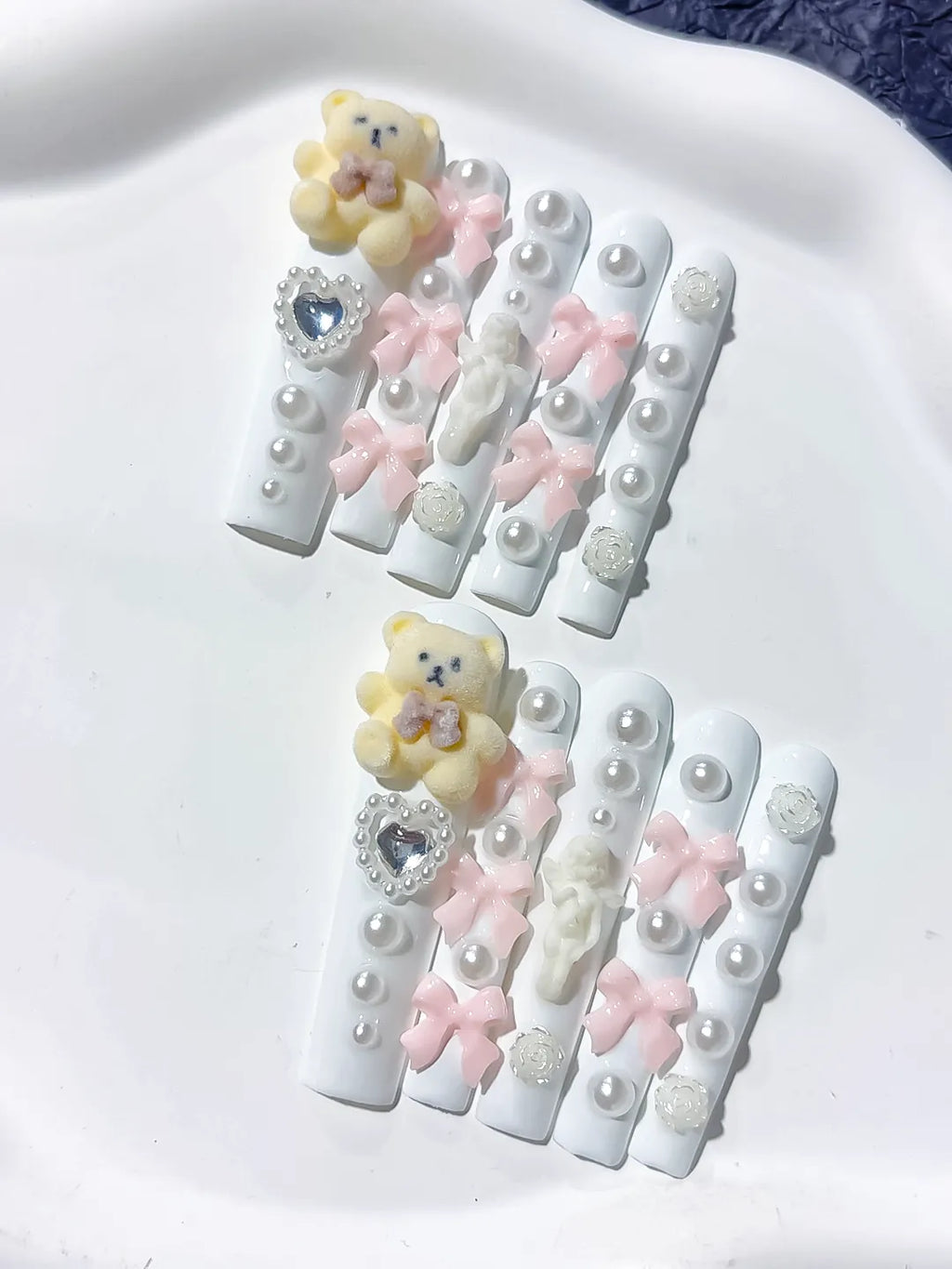Long White Pink Square Solid color Bear Bow