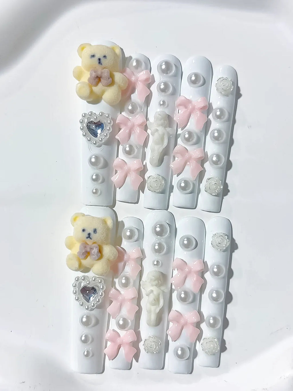 Long White Pink Square Solid color Bear Bow