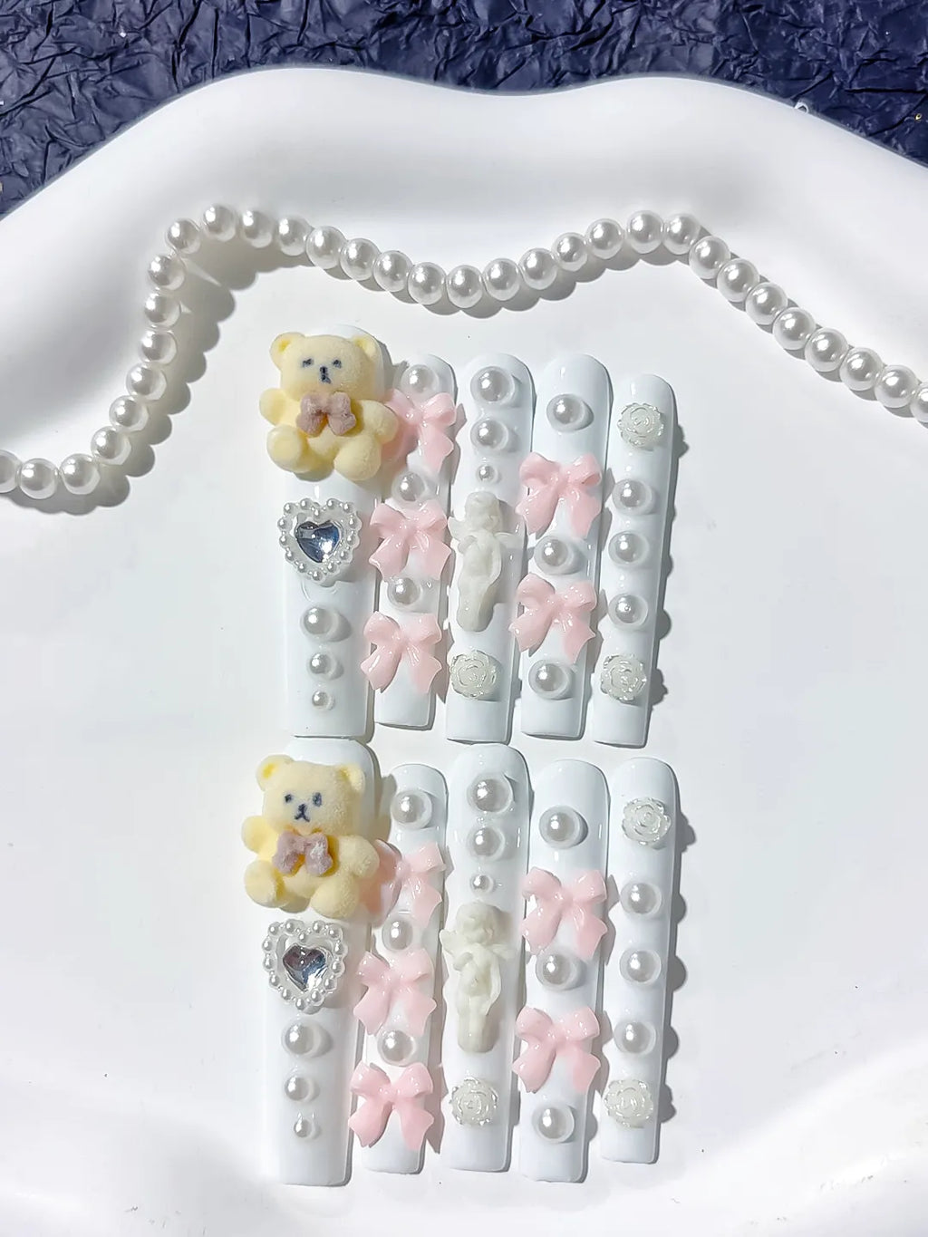 Long White Pink Square Solid color Bear Bow
