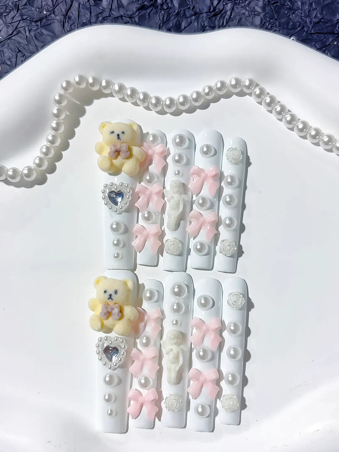Long White Pink Square Solid color Bear Bow