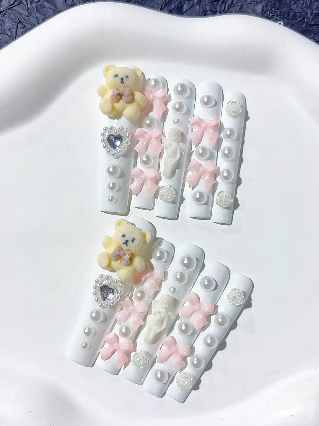 Long White Pink Square Solid color Bear Bow