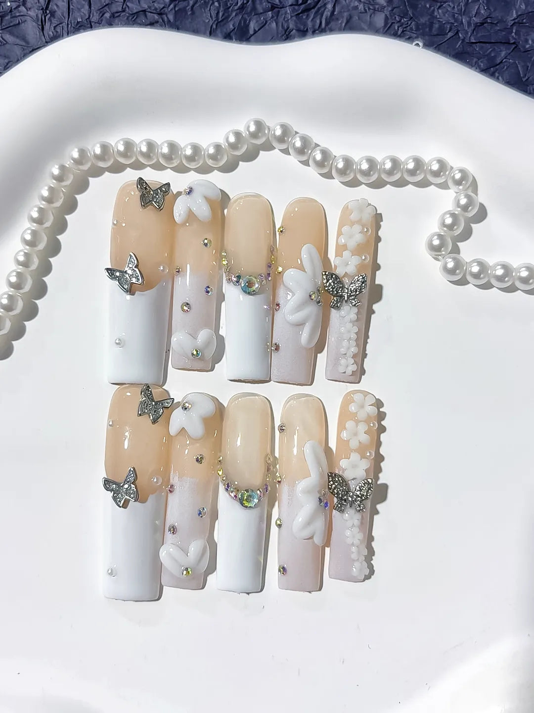 Long Nude White Square French tip Bow Pearl
