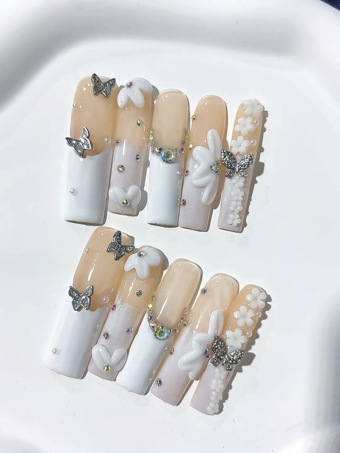 Long Nude White Square French tip Bow Pearl