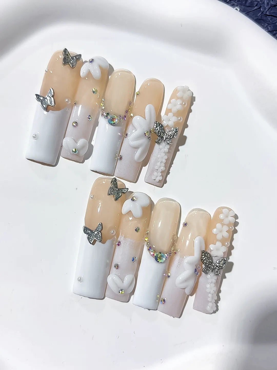 Long Nude White Square French tip Bow Pearl