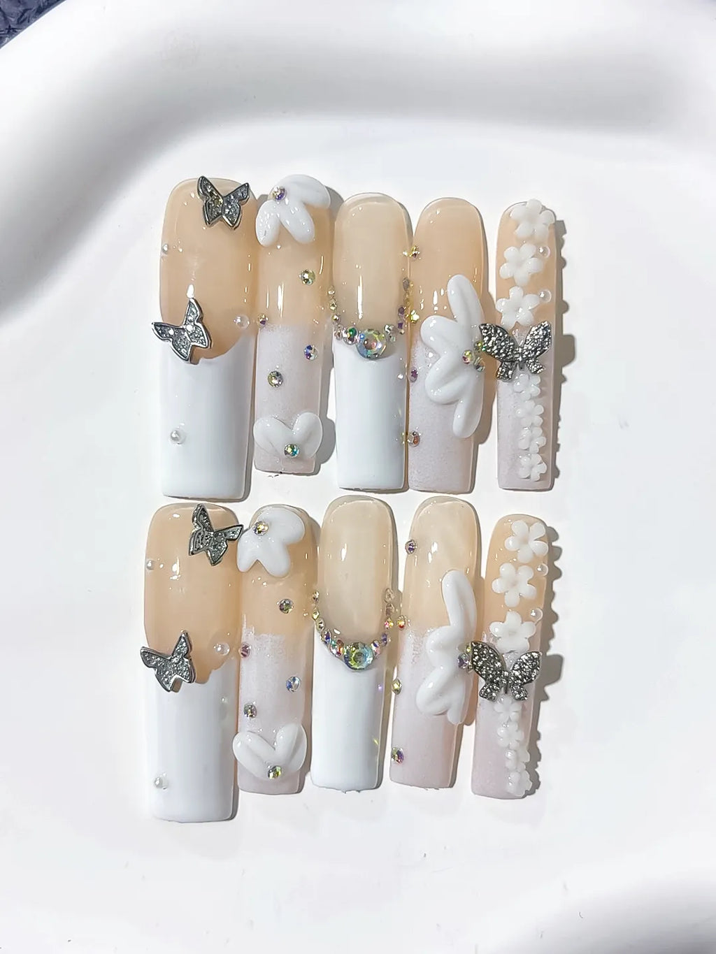 Long Nude White Square French tip Bow Pearl