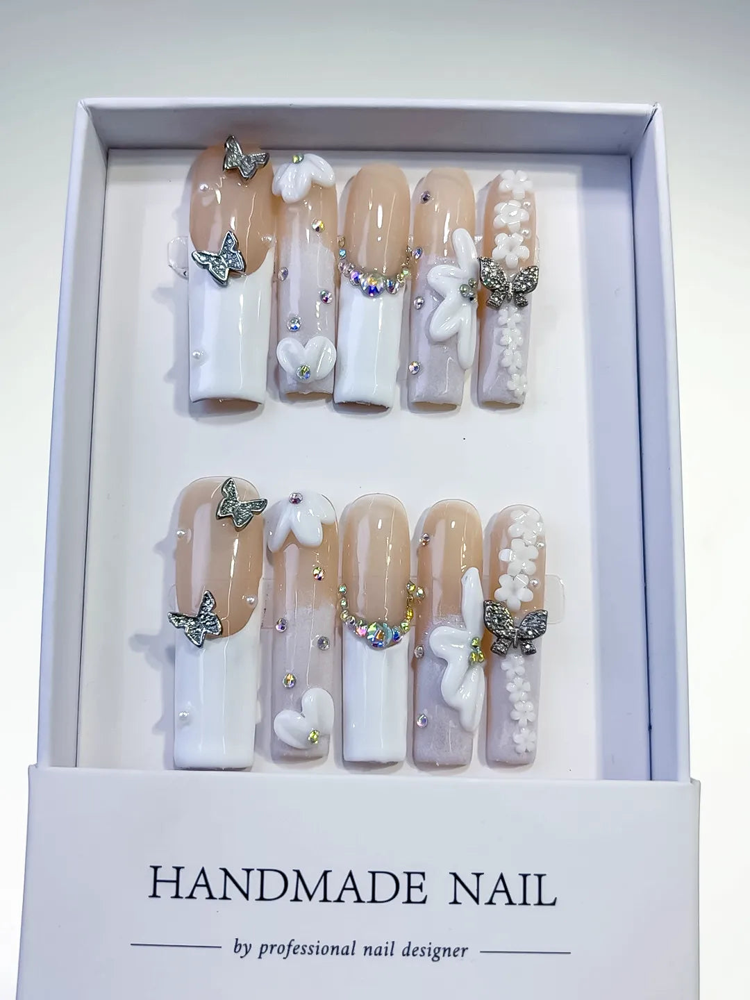 Long Nude White Square French tip Bow Pearl