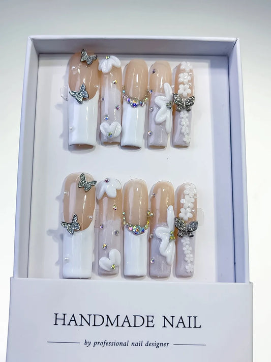 Long Nude White Square French tip Bow Pearl