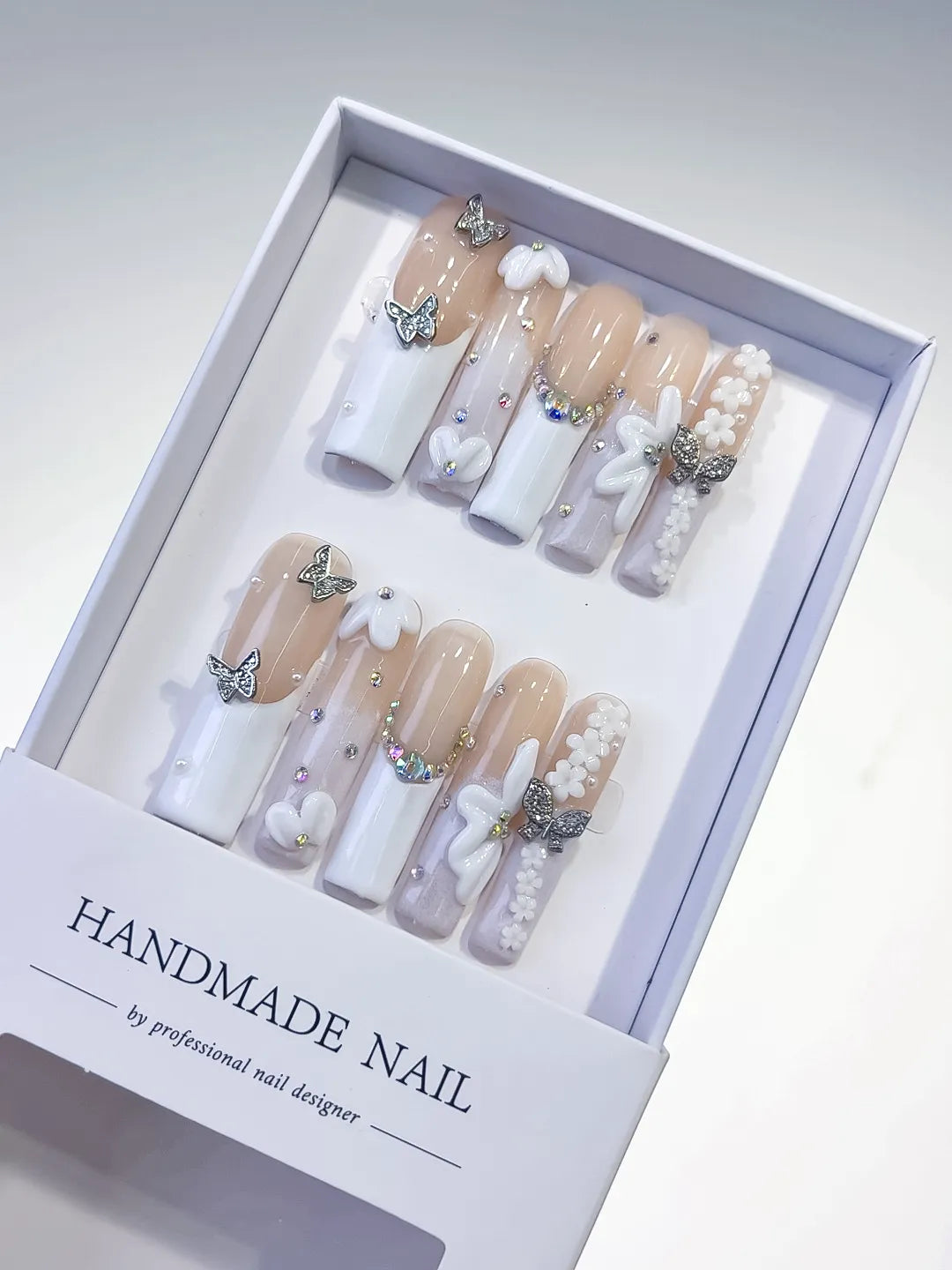 Long Nude White Square French tip Bow Pearl