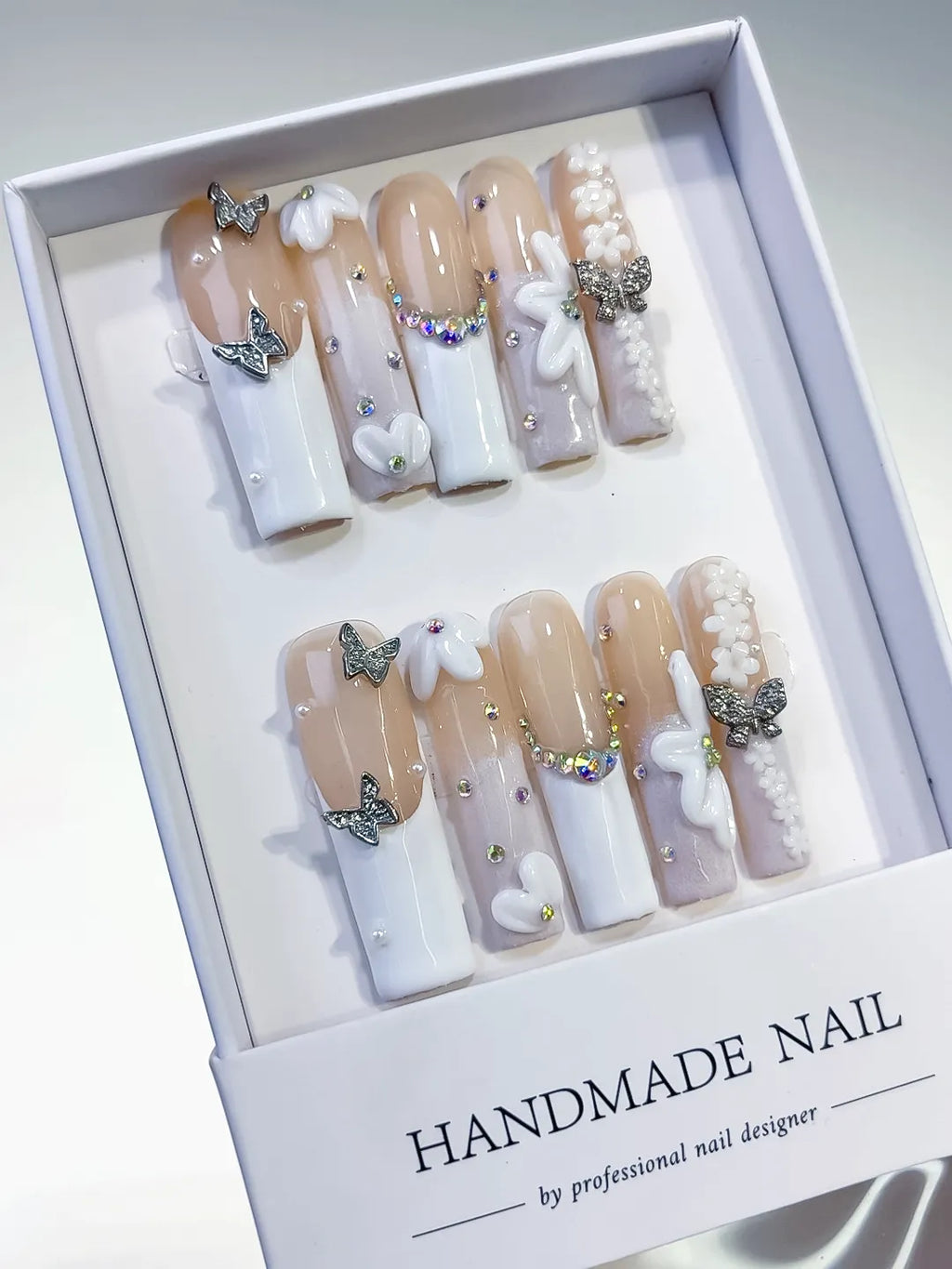 Long Nude White Square French tip Bow Pearl