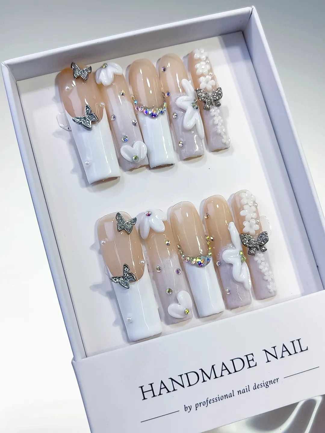 Long Nude White Square French tip Bow Pearl