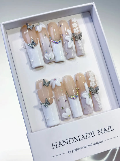 Long Nude White Square French tip Bow Pearl