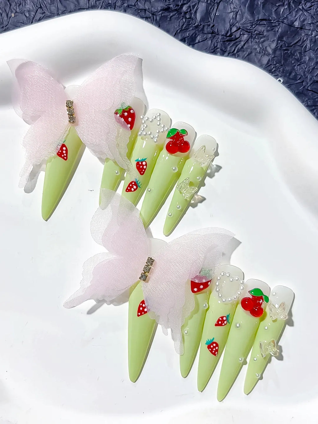 Long Green Red Stiletto Solid color Bow Strawberry