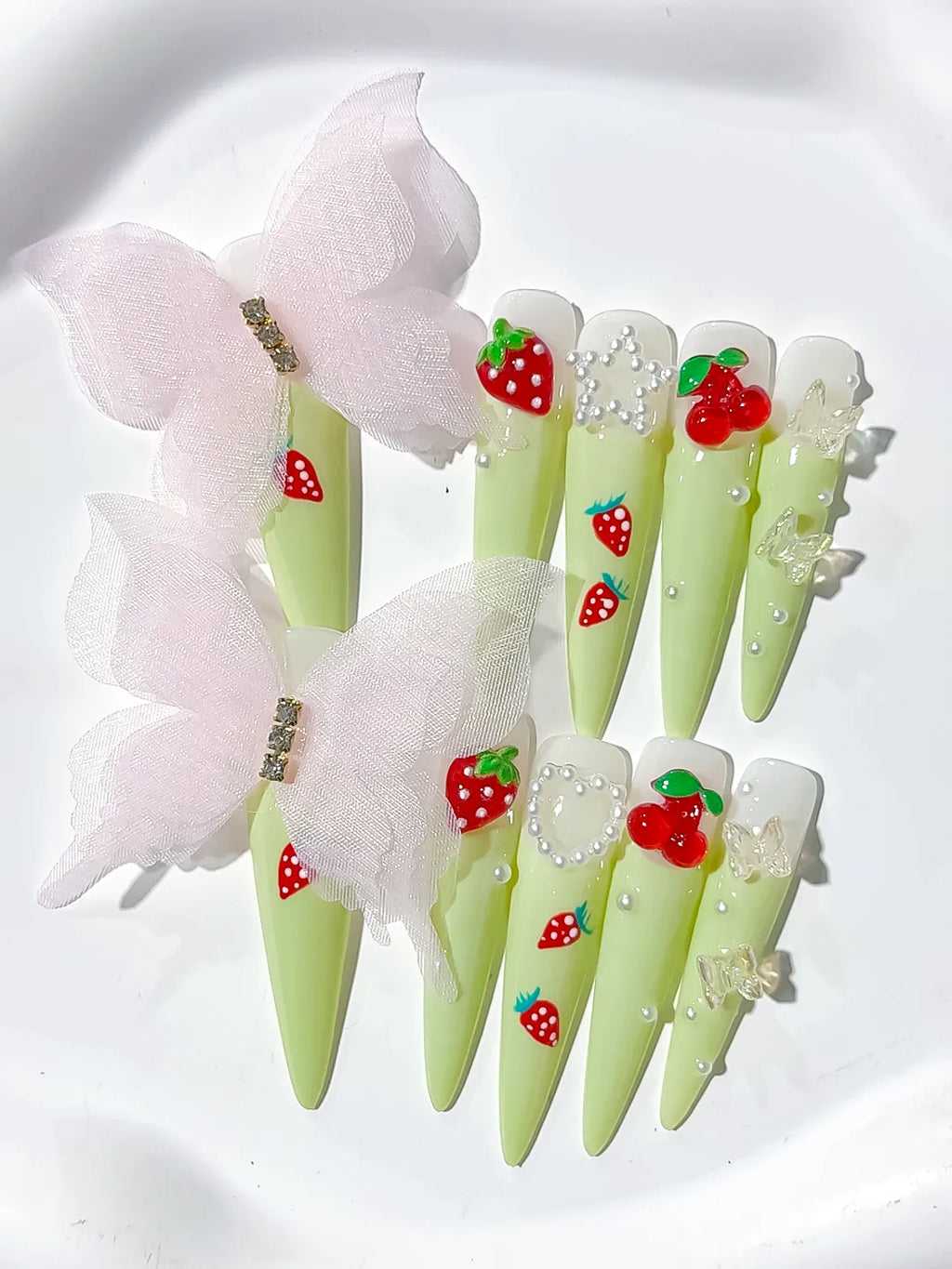Long Green Red Stiletto Solid color Bow Strawberry