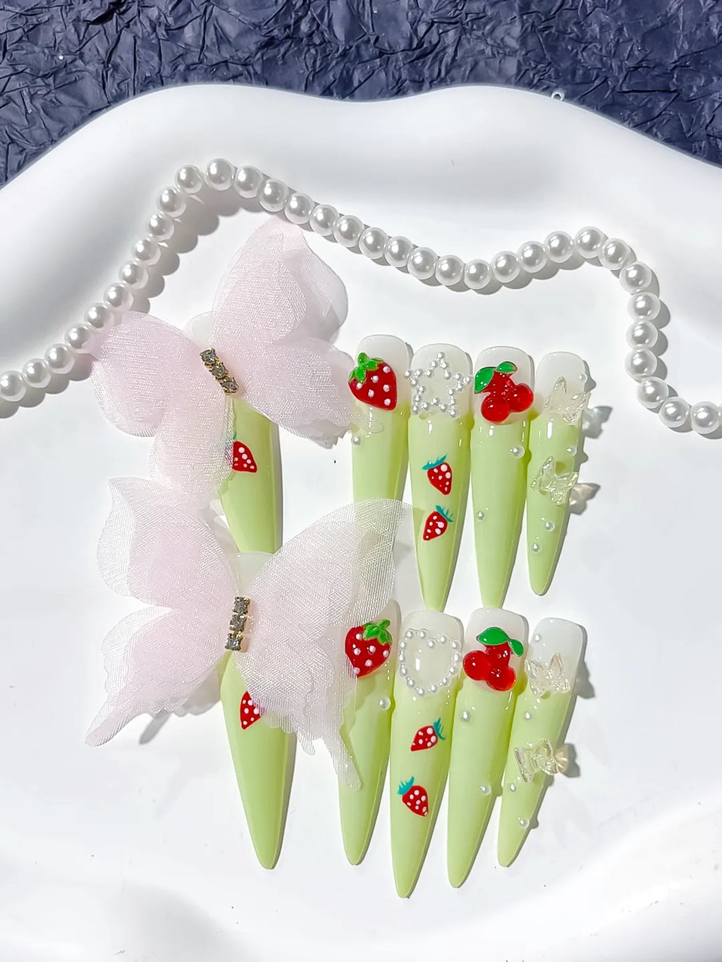 Long Green Red Stiletto Solid color Bow Strawberry