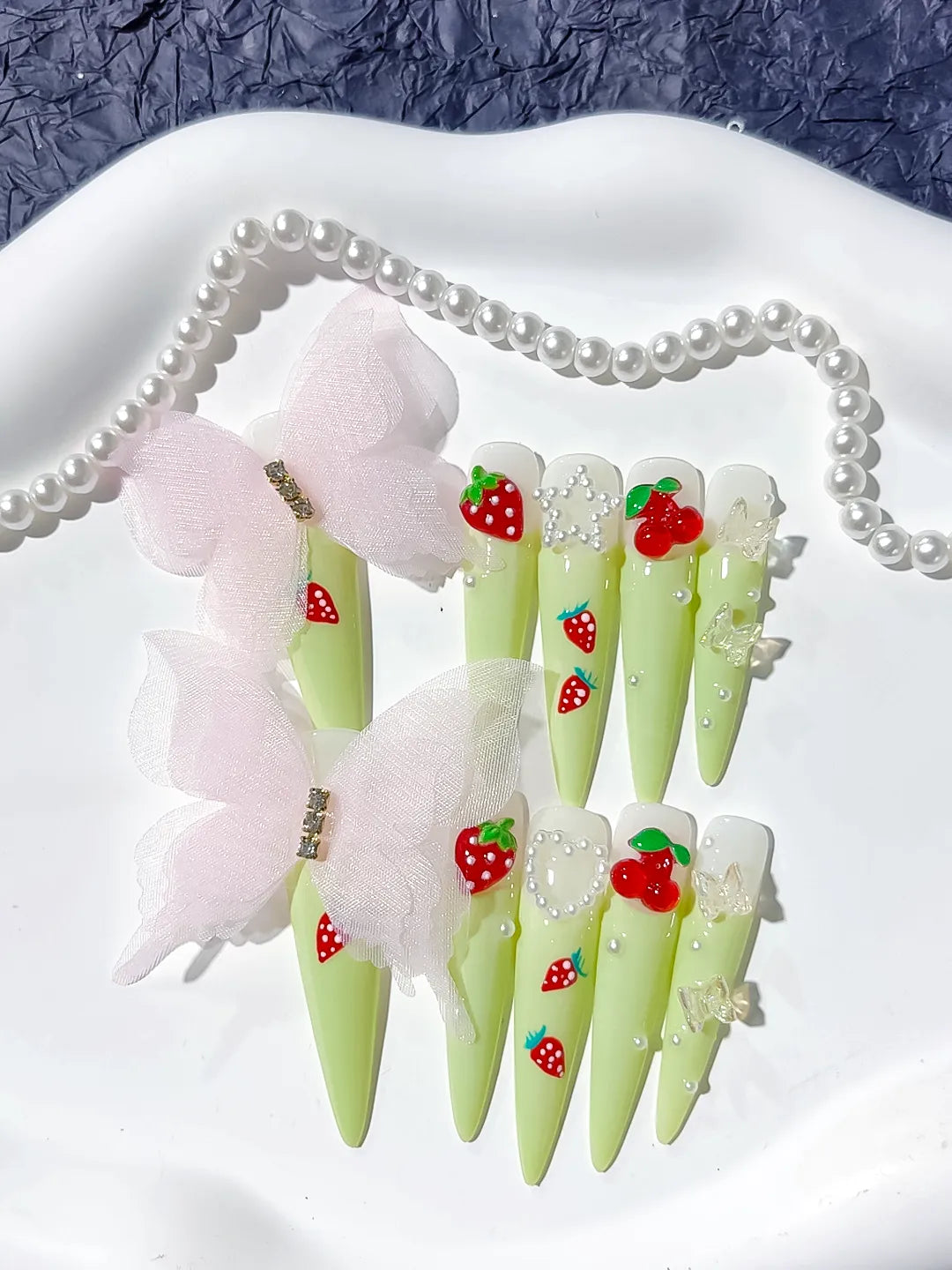 Long Green Red Stiletto Solid color Bow Strawberry
