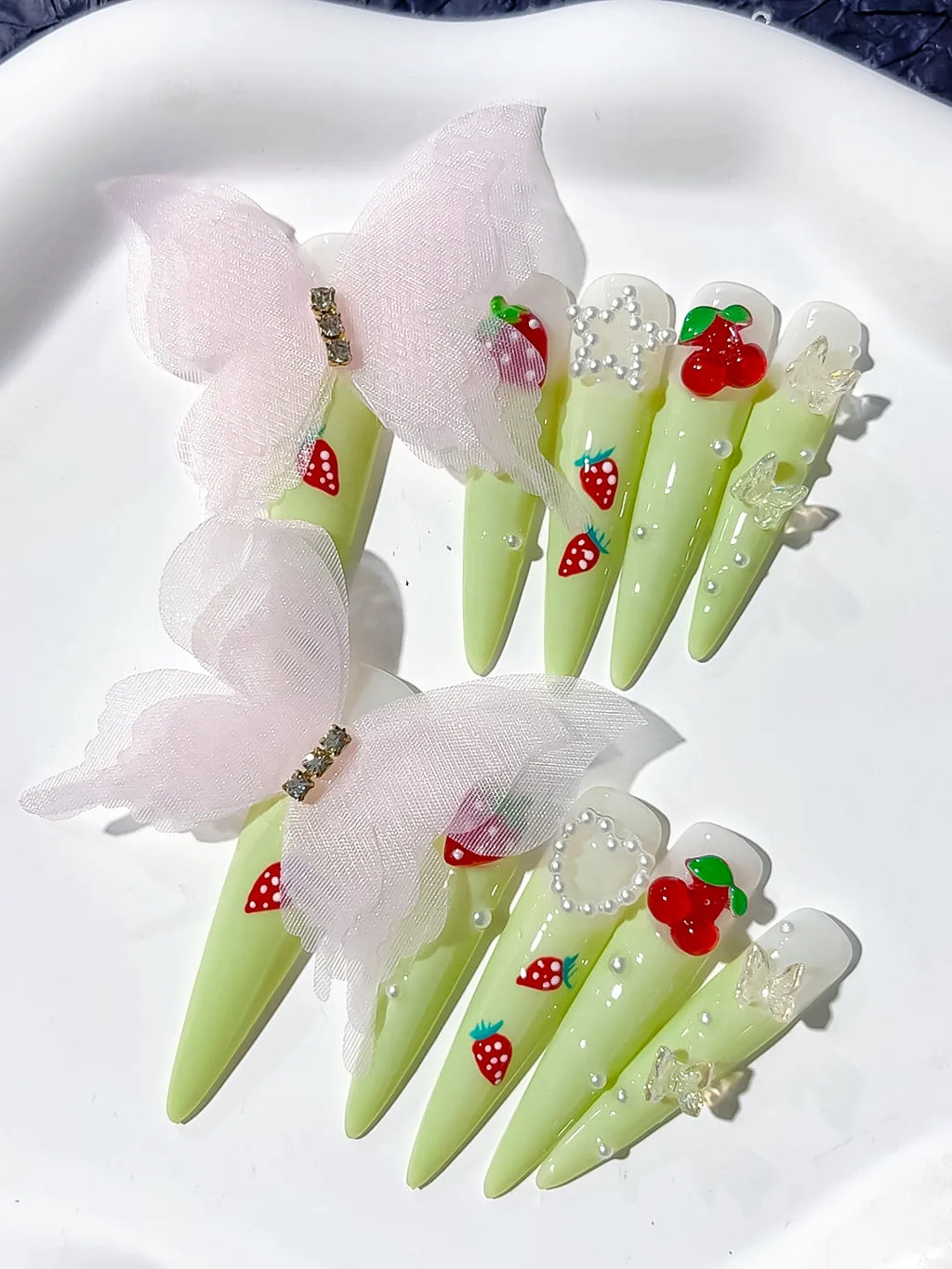 Long Green Red Stiletto Solid color Bow Strawberry
