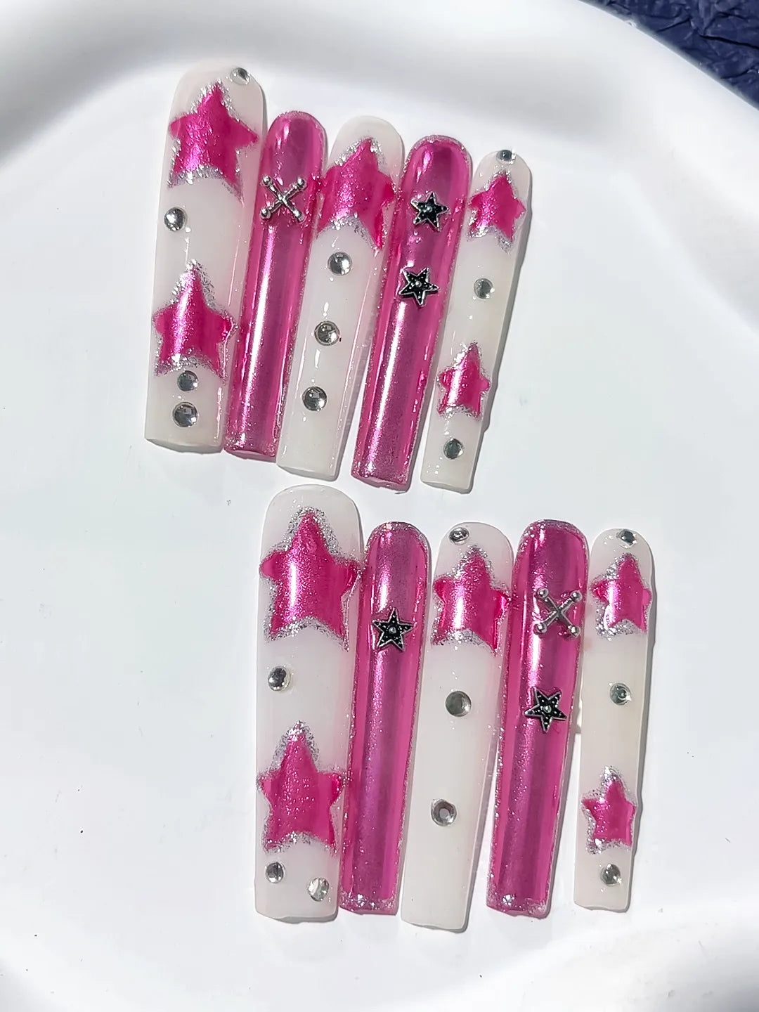 Long Pink White Square Metallic Star Rhinestone