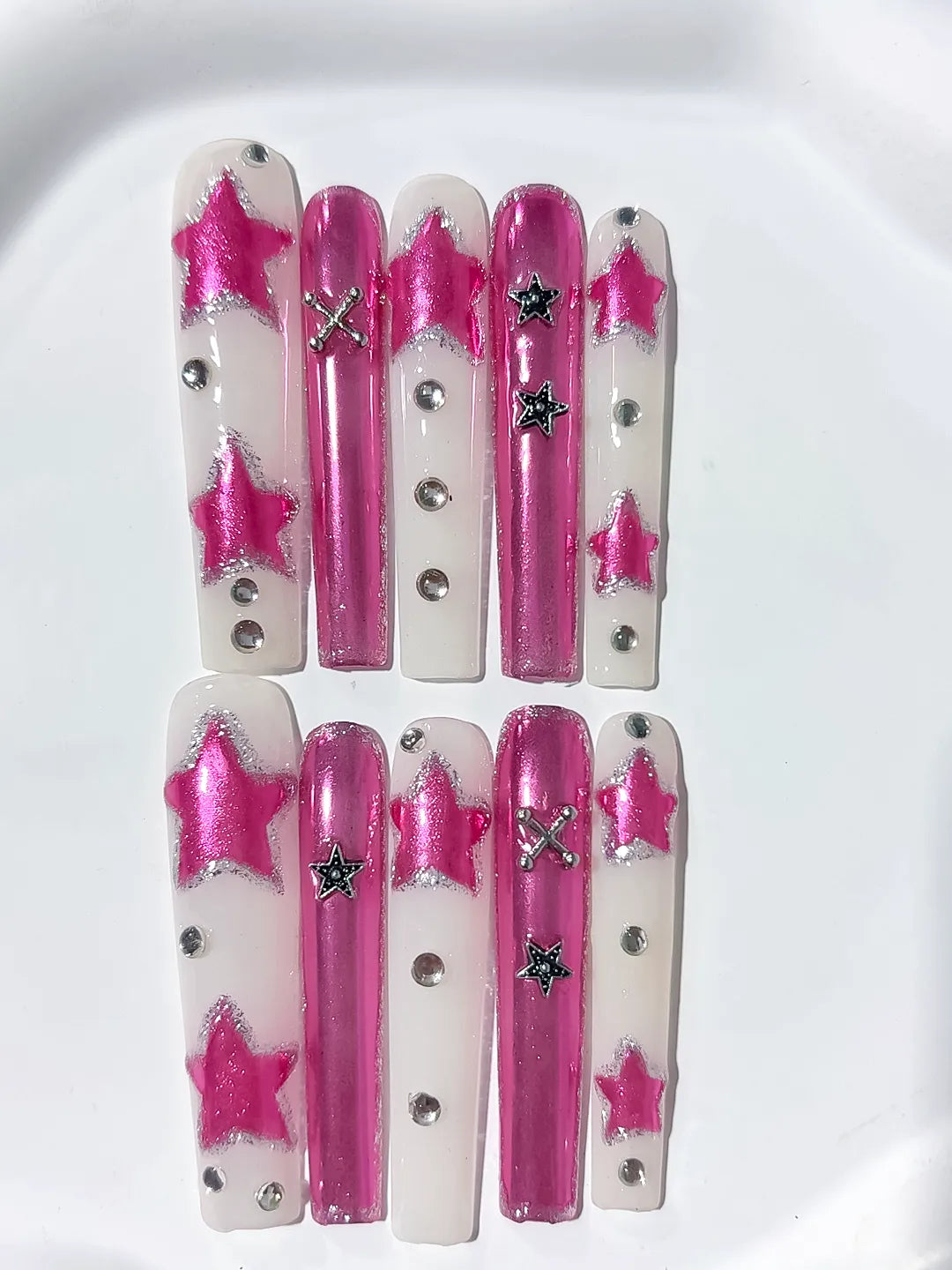 Long Pink White Square Metallic Star Rhinestone
