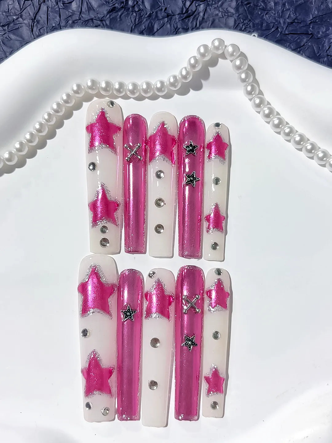 Long Pink White Square Metallic Star Rhinestone