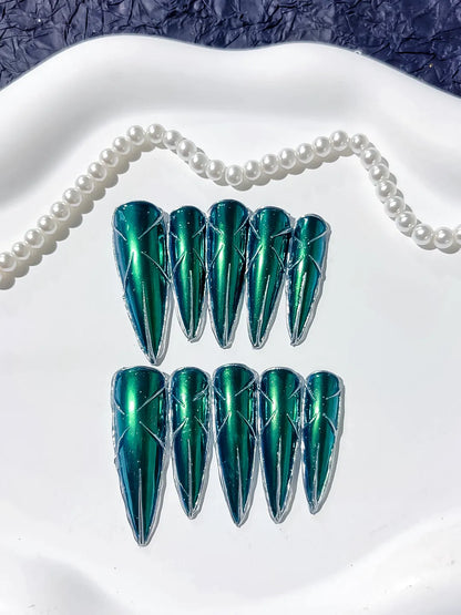 Long Green Black Stiletto Metallic
