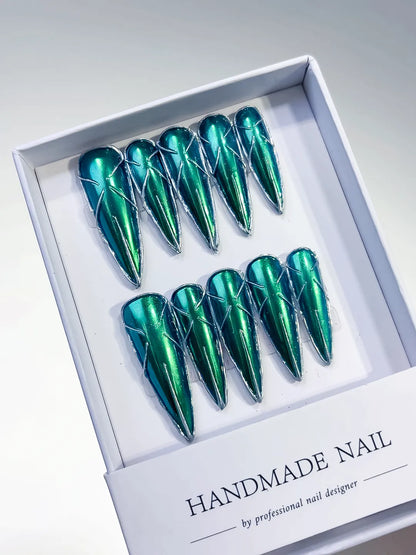 Long Green Black Stiletto Metallic