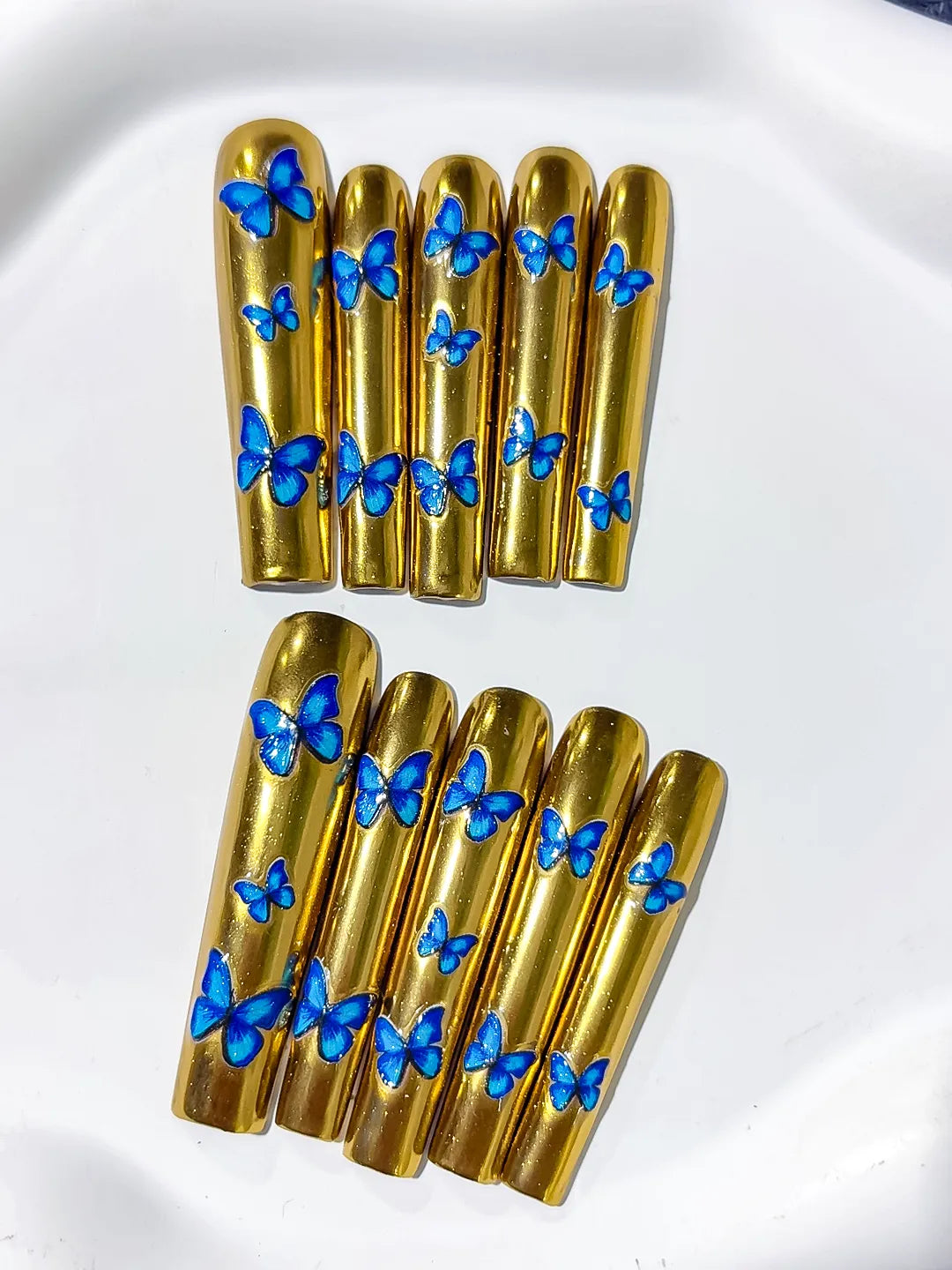 Long Gold Blue Square Metallic Butterfly
