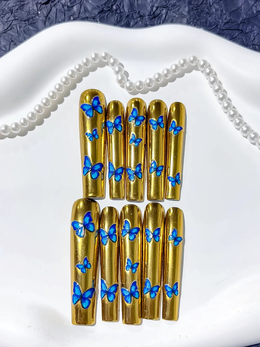 Long Gold Blue Square Metallic Butterfly