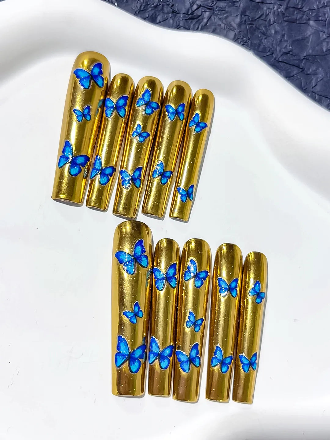 Long Gold Blue Square Metallic Butterfly