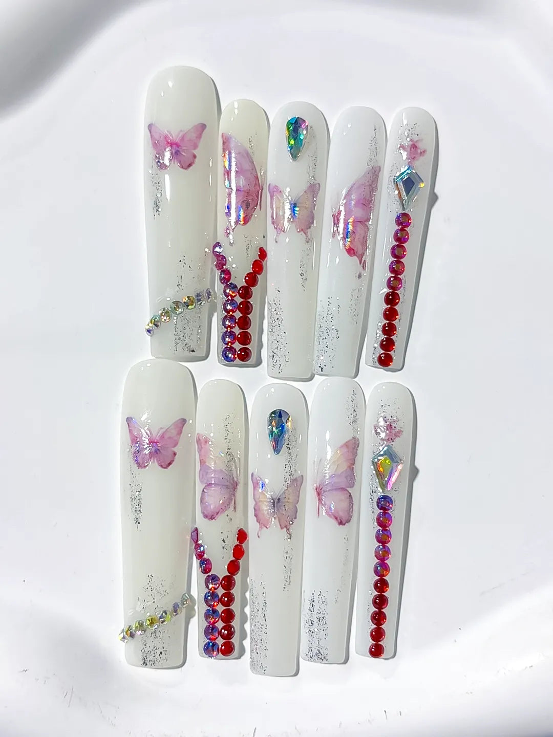 Long White Pink Square Solid color Butterfly Rhinestone
