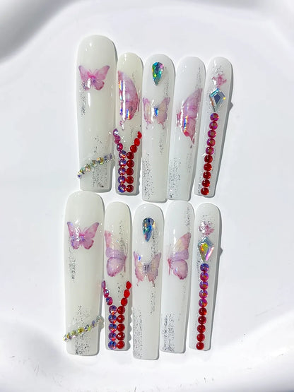 Long White Pink Square Solid color Butterfly Rhinestone